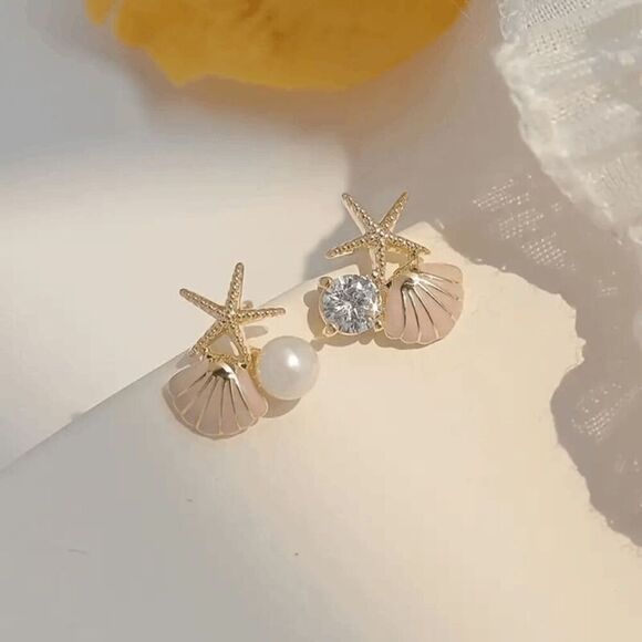 GOLD STARFISH PINK SHELL DIAMOND PEARL EARRINGS - Picture 1 of 3